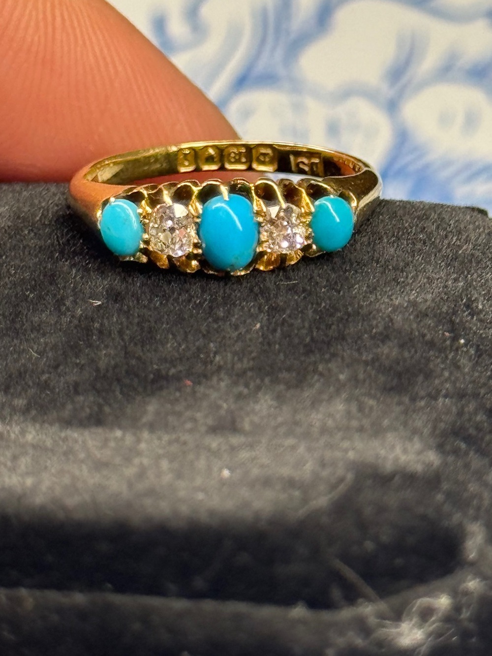 Antique turquoise & old cut diamond 5 stone ring solid 18k